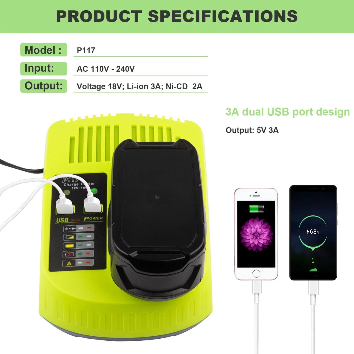 18V P117 Fast Charger For Ryobi P108 Li-ion Battery P107 P104 P109 P103 US Plug