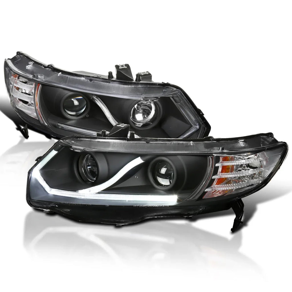 Spec-D Tuning Halo Strip LED Projector Headlights Black appropriate with 2006-2011 Honda Civic 2-Door Coupe Left + Right Pair Headlamps Assembly