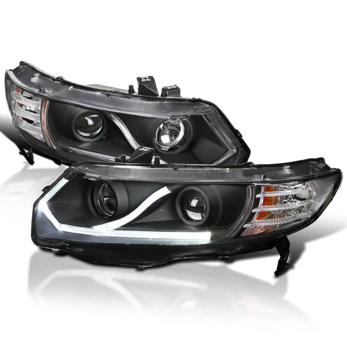 Spec-D Tuning Halo Strip LED Projector Headlights Black appropriate with 2006-2011 Honda Civic 2-Door Coupe Left + Right Pair Headlamps Assembly