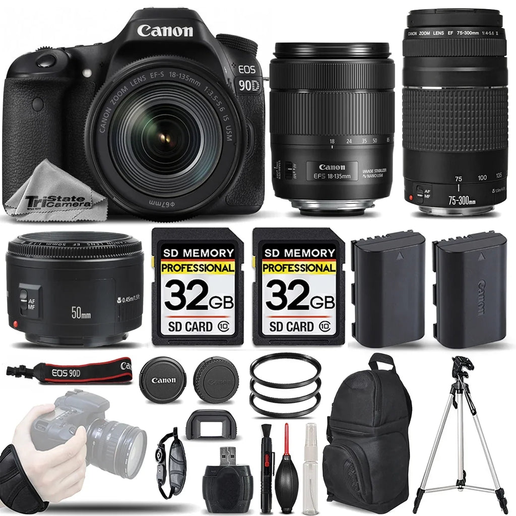 All Original Accessories Included.  EOS 90D Wi-Fi Full HD 4K30p  Digital SLR Camera +  18-135mm IS USM Lens +  75-300mm III Lens +  50mm 1.8 II Lens
