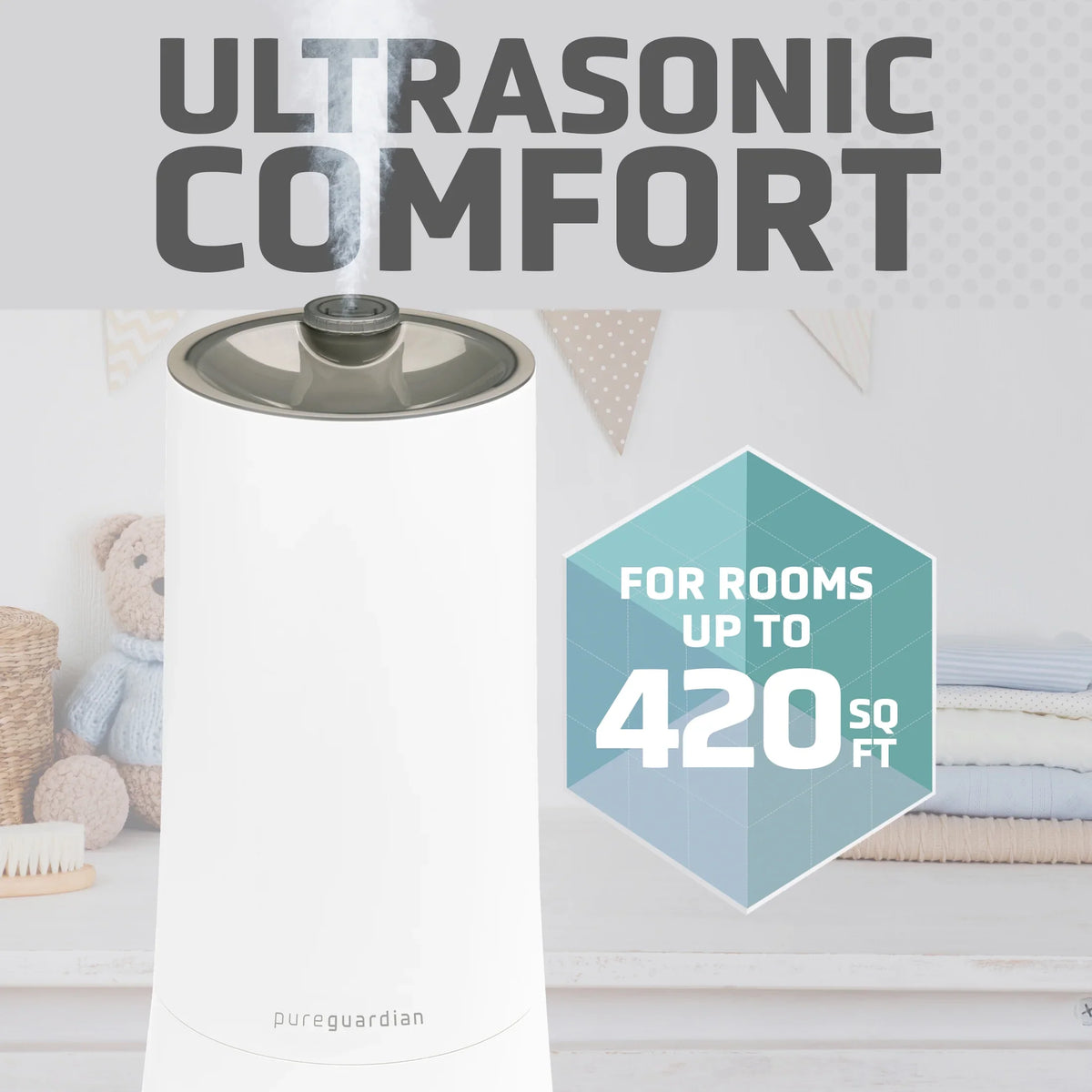 H997W. ft. PureGuardian 90-Hour 1.6 Gallon Cool Mist Ultrasonic Humidifier with Humidistat, 420 Sq