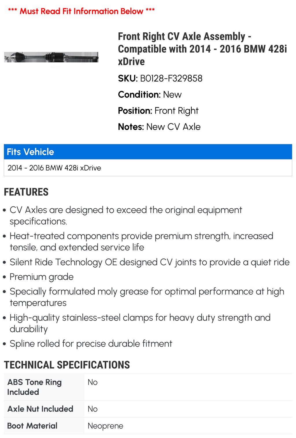 Front Right CV Axle Assembly - appropriate with 2014 - 2016  428i xDrive 2015