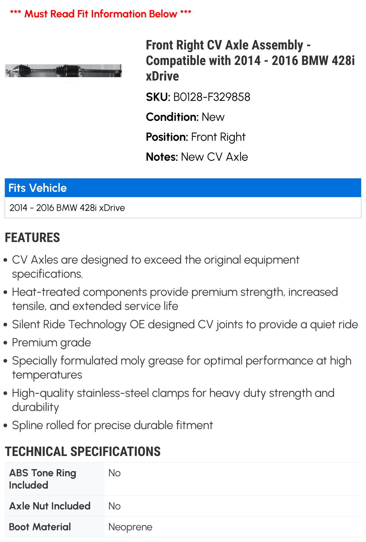 Front Right CV Axle Assembly - appropriate with 2014 - 2016  428i xDrive 2015