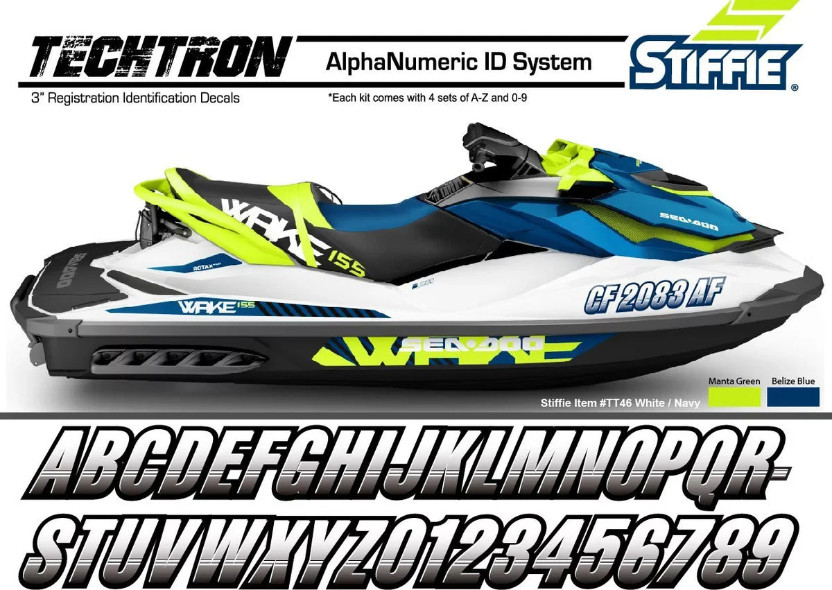 STIFFIE Techtron Yellow/Navy 3" Alpha-Numeric Identification Custom Kit Registration Numbers & Letters Marine Stickers Decals for Boats & Personal Watercraft PWC