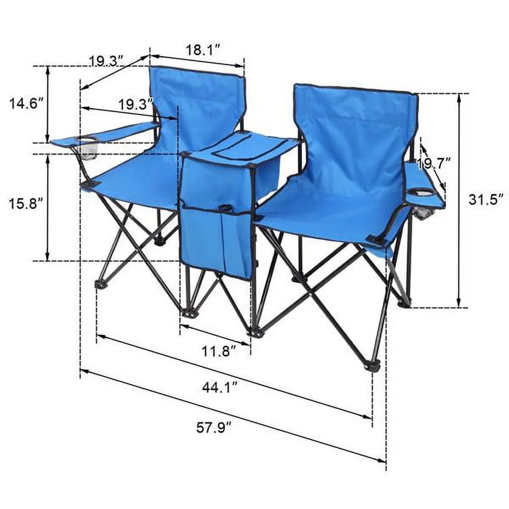 SYTHERS Double Outdoor Folding Beach Chair, High Strength Camping Chair with Mini Table Beverage Holder Carrying Bag, for Beach Patio Pool Park Outdoor Portable Camping Chair, Blue