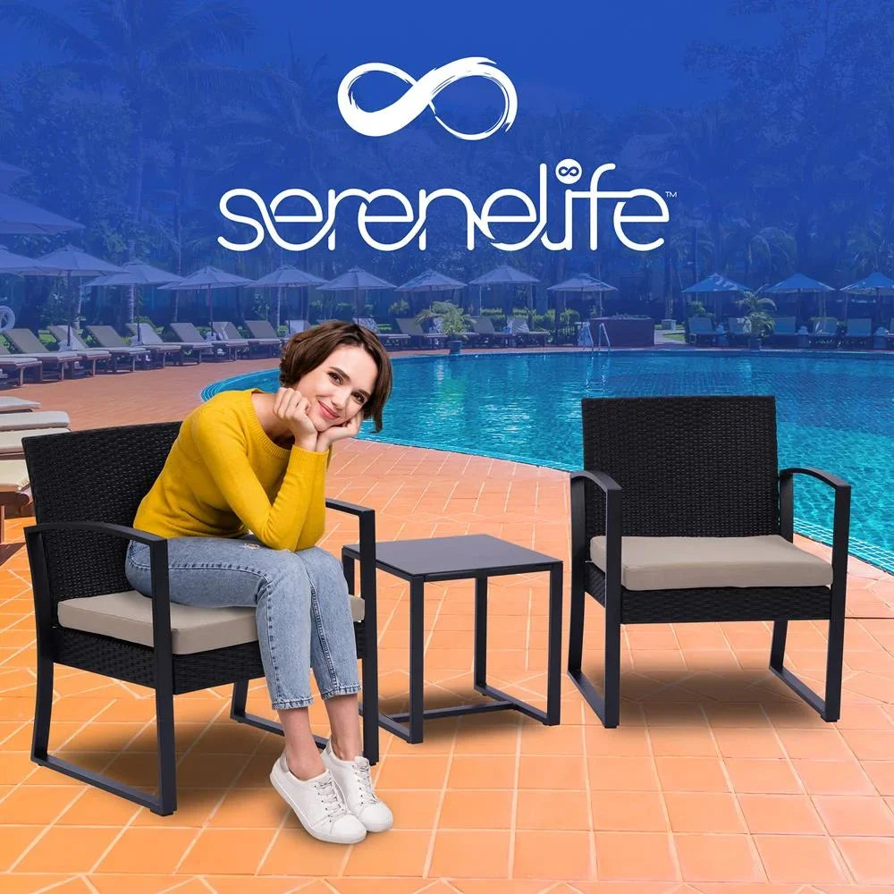 Per Set-Includes 2 Single Chairs & 1 Coffee Table, Brown. SereneLife Patio Outdoor Furniture, 3 Pcs