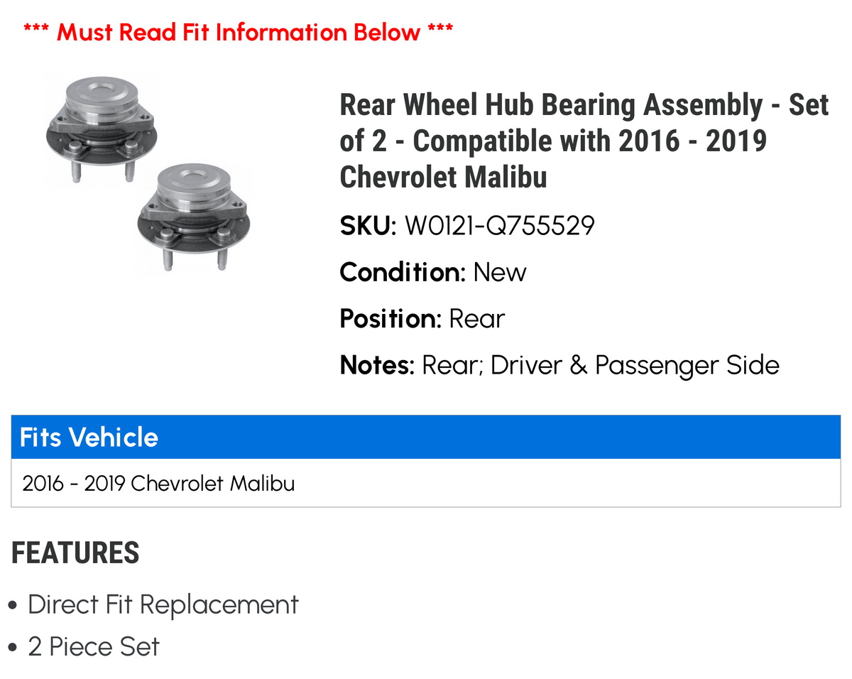 Rear Wheel Hub Bearing Assembly - Set of 2 - appropriate with 2016 - 2019 Chevy Malibu 2017 2018