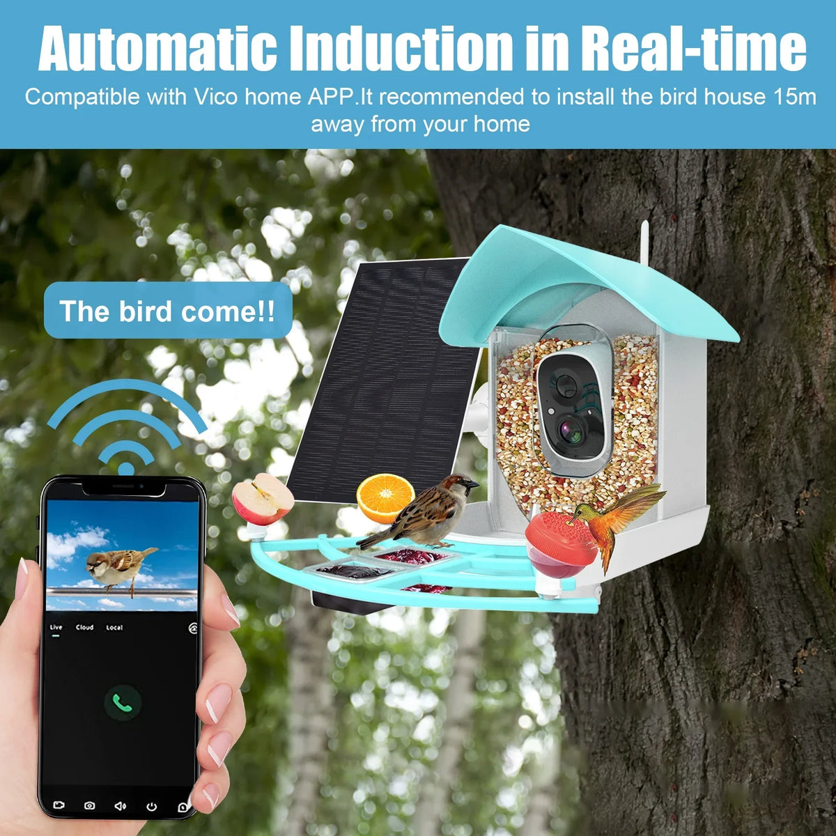 Arealer Surveillance camera,PirAi Camera Resolution Pir 1080pVideo Feeder With Camera Video Vico App Solar Powered Feeder Camera App Wifi 1080p Video Wifi Wireless Ai Species Owsoo