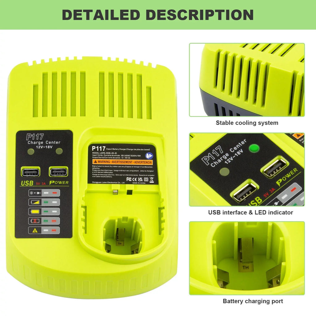 18V P117 Fast Charger For Ryobi P108 Li-ion Battery P107 P104 P109 P103 US Plug