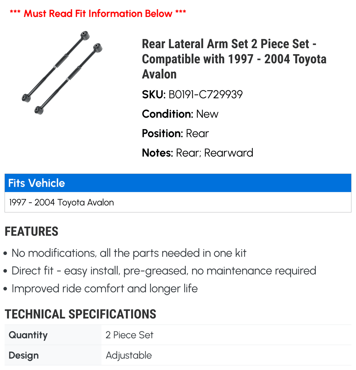 Rear Lateral Arm Set 2 Piece Set - appropriate with 1997 - 2004  Avalon 1998 1999 2000 2001 2002 2003