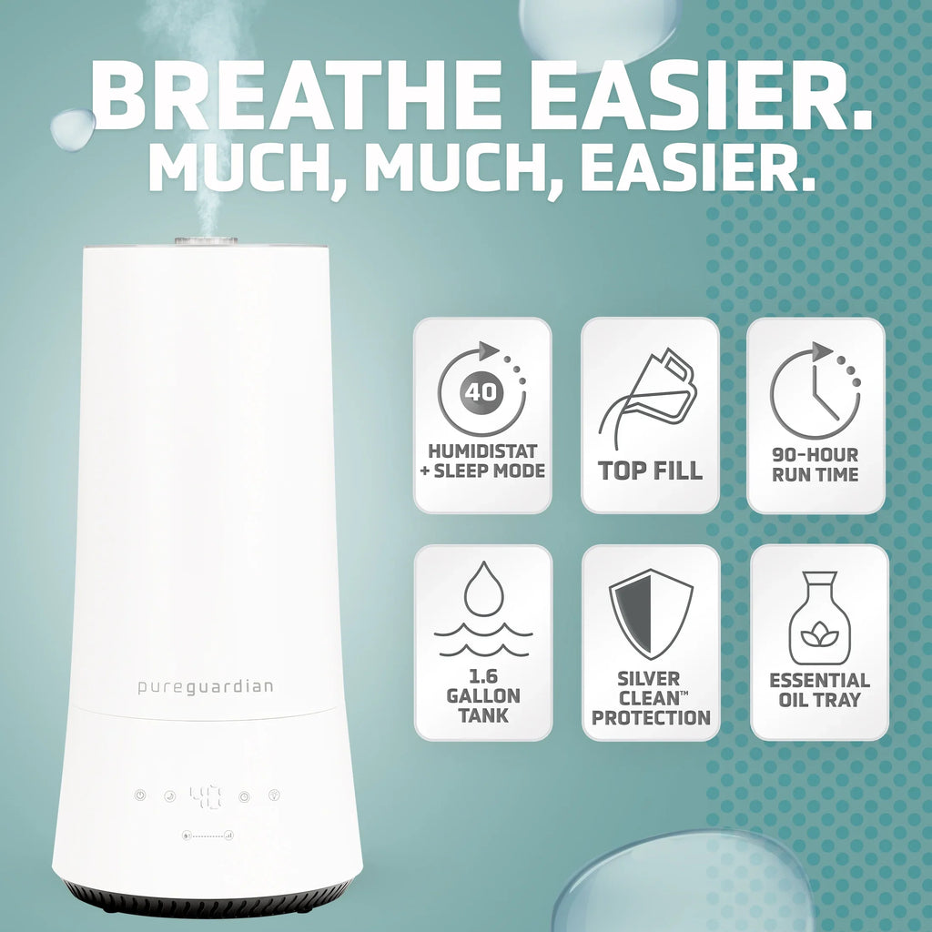 H997W. ft. PureGuardian 90-Hour 1.6 Gallon Cool Mist Ultrasonic Humidifier with Humidistat, 420 Sq