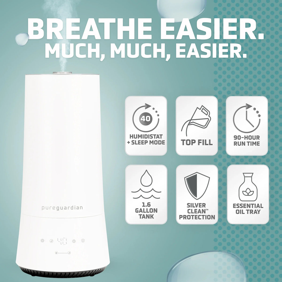 H997W. ft. PureGuardian 90-Hour 1.6 Gallon Cool Mist Ultrasonic Humidifier with Humidistat, 420 Sq