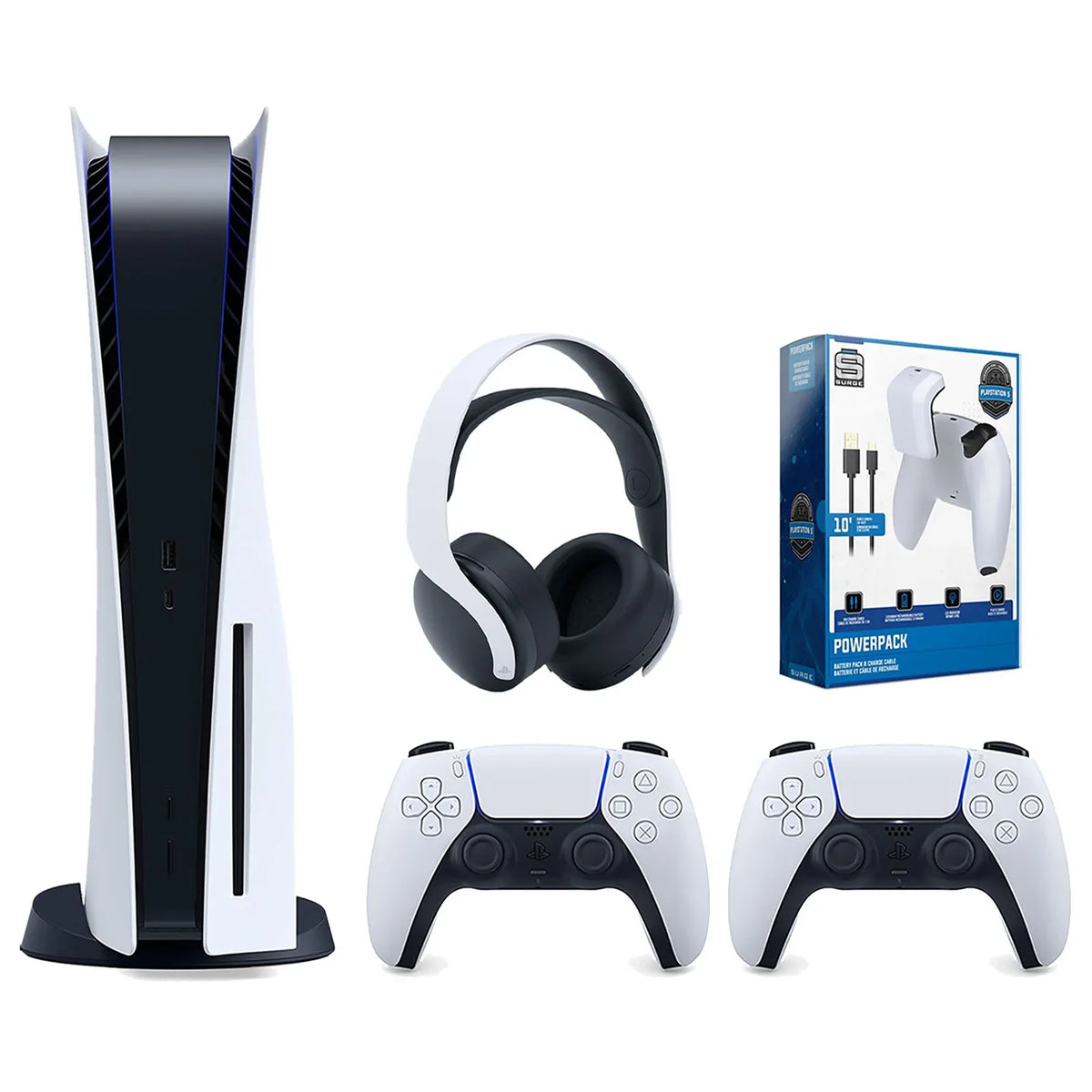 Playstation 5 Disc Version Console with Extra White Controller, White PULSE 3D Headset and Surge PowerPack Battery Pack & Charge Cable Bundle