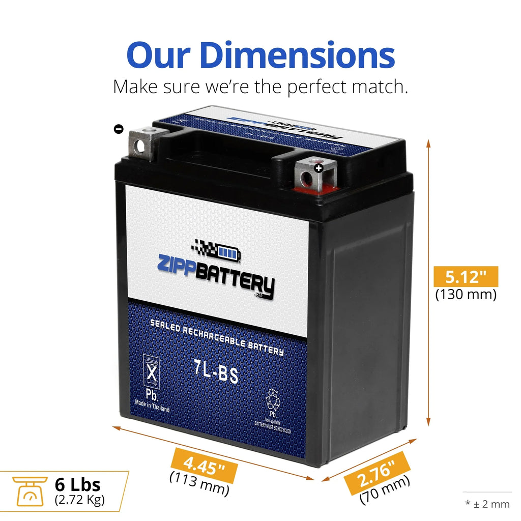 Zipp Battery YTX7L-BS (7L-BS 12 Volt,6 Ah, 75 CCA) Motorcycle Battery for Kawasaki 250cc Ex250 Ninja 1996
