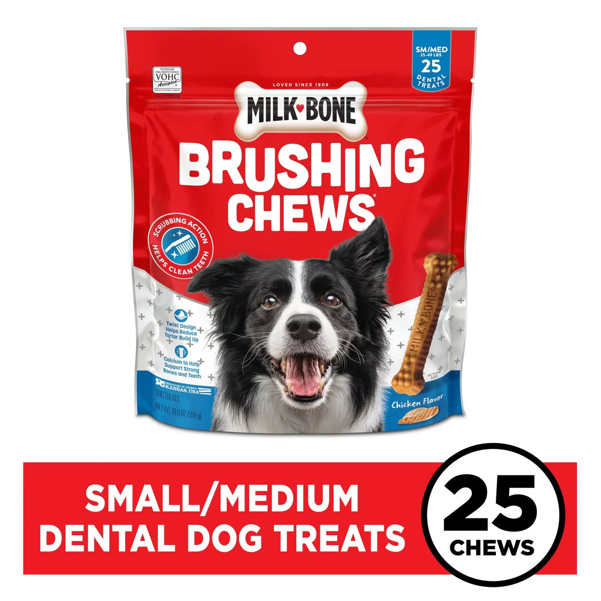 Bag, 25 Bones Per Bag. Milk-Bone Brushing Chews Daily Dental Dog Treats, Small/Medium, 19.6 Oz