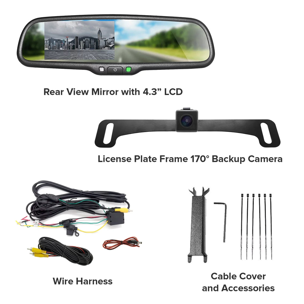 Master Tailgaters OEM Rear View Mirror with 4.3” LCD Screen + Waterproof 170° Backup Camera Kit - Universal Fit for Enhanced Car Safety