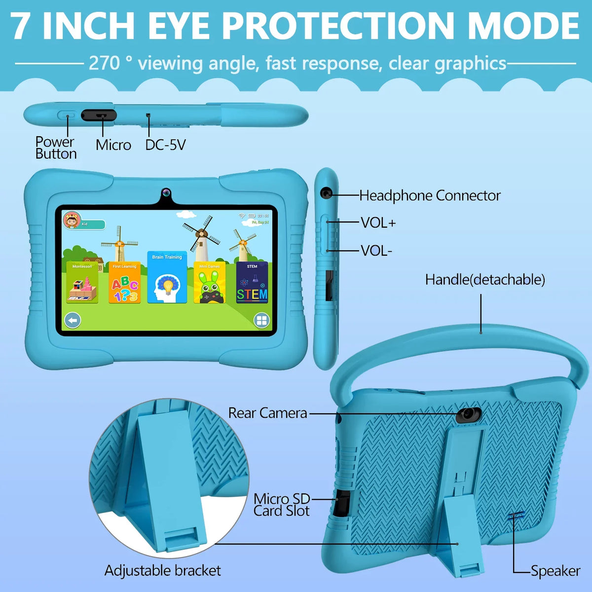 Antemper Kids Tablet,7 inch Tablet,32GB ROM Storage,Kids Learning Tablet,Toddler Android 11 Tablet with Bluetooth,Wifi,Parental Control,Dual Camera,Google Play,Youtube Netflix Hulu,Blue