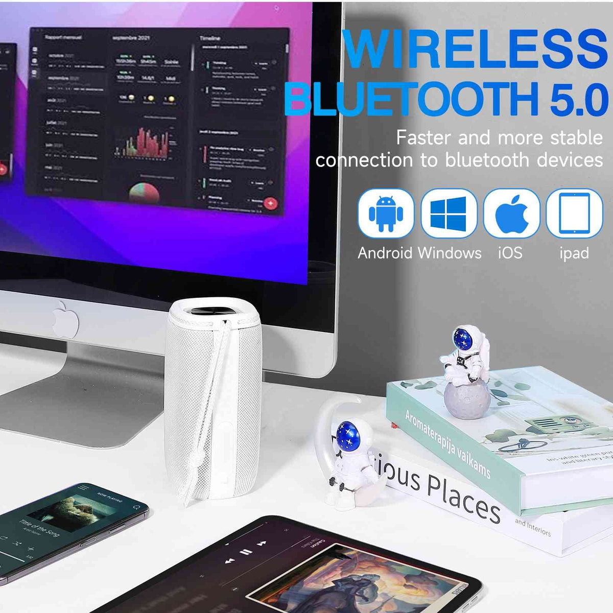 UrbanX Scorpio Series Bluetooth Speaker, IPX5 Waterproof Speakers 360° HD Surround Sound with Punchy Bass, True Wireless Pairing, BT5.3, Portable Speaker for  Q51 - White