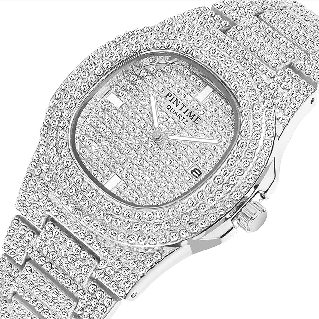 Gosasa Luxury Unisex Watches Crystal Diamond Stainless Steel Watches Quartz Calendar Big Face Wrist Watch for Women Men