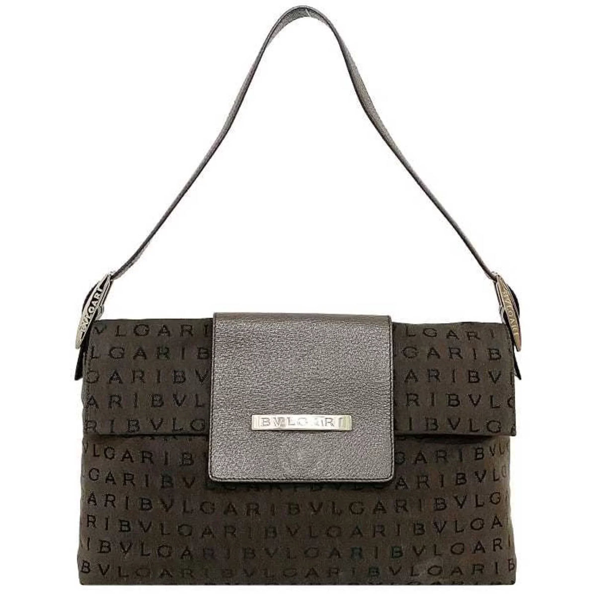 Pre-Owned Bvlgari Bag Brown Mania Canvas Leather BVLGARI One Shoulder Handbag Flap Plate (Good)