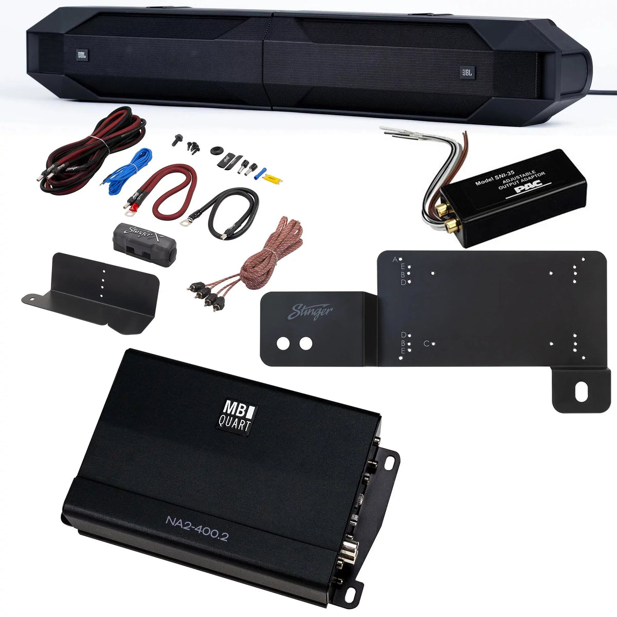 JBL JBLBB4005D - 5-Door Passive Sound Bar suitable with Bronco with MB Quart NA2-400.2 compact Two Channel, 400 watt Powersports amplifier and Bronco Install Accessories